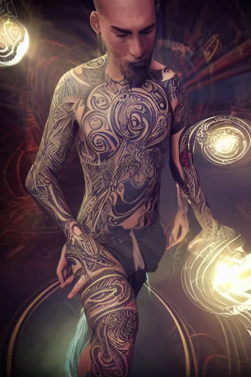 Image similar to thin swirling tribal tattoo light streaks and ornate flowing light streams and smooth particle effects, unreal engine