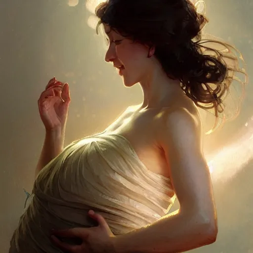 Prompt: A pregnant woman with closed eyes smiling, very detailed face, gorgeous, beautiful, intricate, highly detailed, digital painting, artstation, concept art, sharp focus, illustration, art by greg rutkowski and alphonse mucha