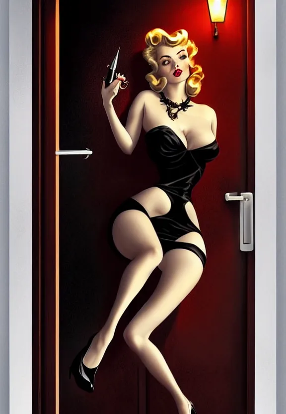 Prompt: A pin-up femme fatale at the door of a small 50’s style private detective’s office, fantasy magic, dark pin-up style hair, dark light night, intricate, elegant, sharp focus, illustration, highly detailed, digital painting, concept art, matte, art by WLOP and Artgerm and Greg Rutkowski and Alphonse Mucha, masterpiece