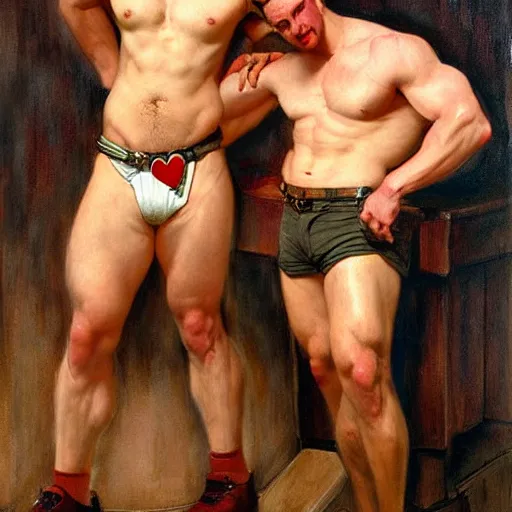 Image similar to drinking their hearts out, in a pub. shorts, attractive muscular male with red hair, and attractive muscular male with black hair. very defined and highly detailed painting by j. c. leyendecker, gaston bussiere, craig mullins 8 k