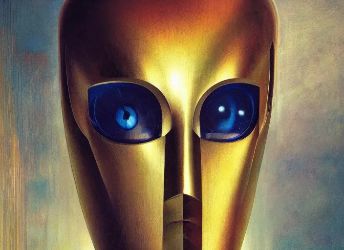 Image similar to a portrait headshot of sci fi metallic human, bright eyes, melancholic complex geometric figure liminal machinery by oskar schlemmer, moebius, john berkey, teamlab, oil on canvas, portrait facial head, featured on artstation, hd wallpaper