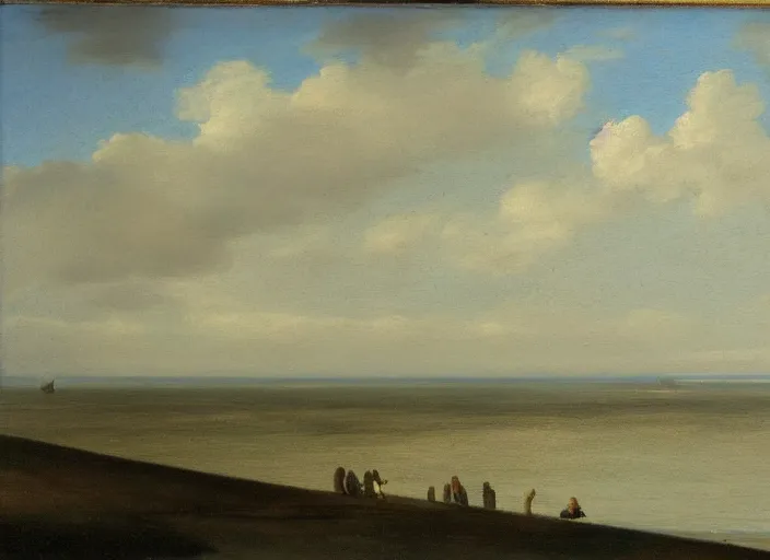 Image similar to waddenzee, the netherlands as the background in the style of hudson river school of art, oil on canvas