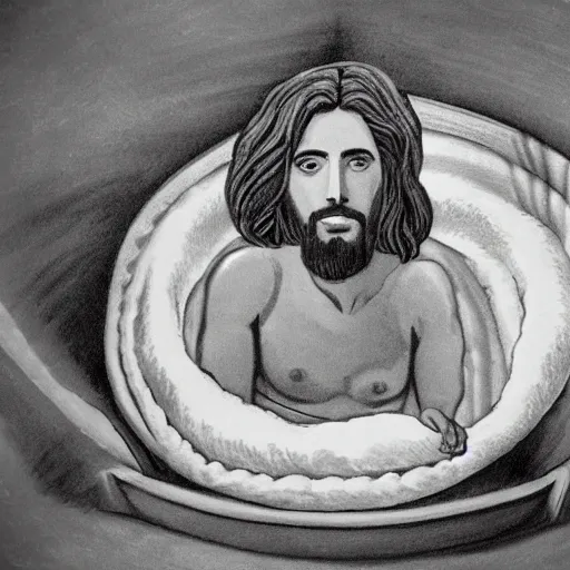 Prompt: Jesus in a bathtub full of noodles