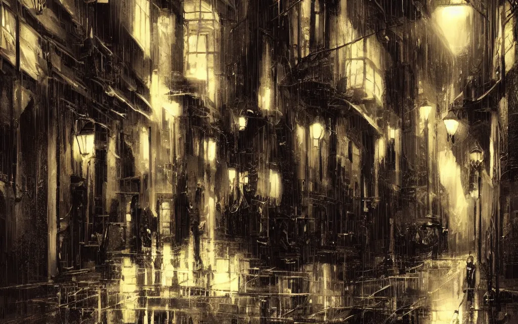 Image similar to !dream concept art, dark wet london alley at night, by ashley wood, by roger deakins, in the style of syd mead atmospheric