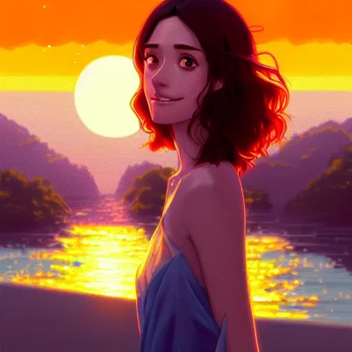 Image similar to Emmy Rossum, sunset, intricate, highly detailed, digital painting, artstation, official media, anime key visual, concept art, rich vivid colors, ambient lighting, sharp focus, illustration, art by Artgerm, Makoto Shinkai, Ilya Kuvshinov, Lois Van Baarle, and Rossdraws