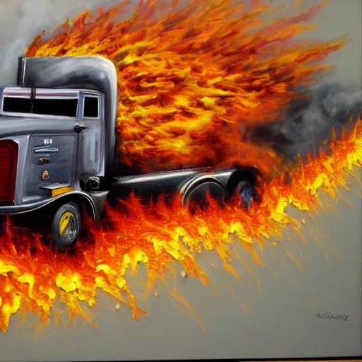 Image similar to painting of a flaming truck