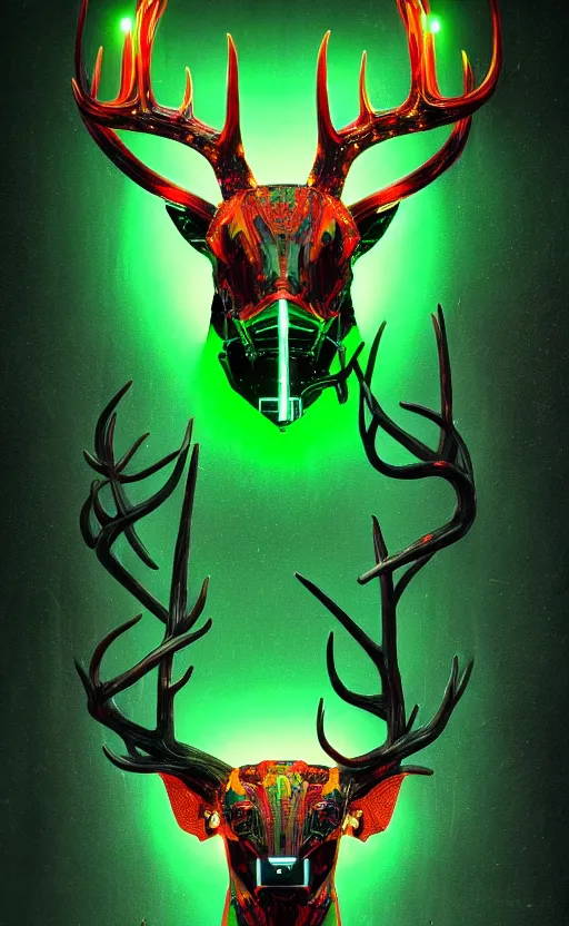 Image similar to poster style, a beautiful and terrifying painting with high details a digital portrait of cyber god of hunting with robotic deer head in style of green neon, cyber noir, movie atmosphere, movie lights, 8 k, light effect, rtx on, trending on artstation, by kilian eng, lee madgwick, bastien lecouffe - deharme