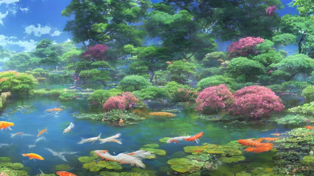 Image similar to a ultradetailed beautiful matte painting showing a close view of a peaceful pond with a clear water and amazingly beautiful carp koi, anime, high resolution 4 k, by makoto shinkai, charli bowater and artgeem