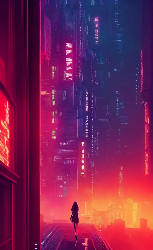 Image similar to vertical movie frame portrait of girl in blade runner 2 0 4 9 bedroom interior, neon - decorated urban on night in the city seen through the window, cyberpunk interior design, architectural design, vintage, night blade runner, dark, postapocalyptic, clean lines, 4 k, octane, asian futuristic city at distance, big windows, octane, wide angle