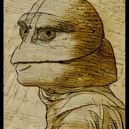 Prompt: ancient information about pepe drawn by leonardo davinci in papyrus paper, sketch, detailed, hyper realistic