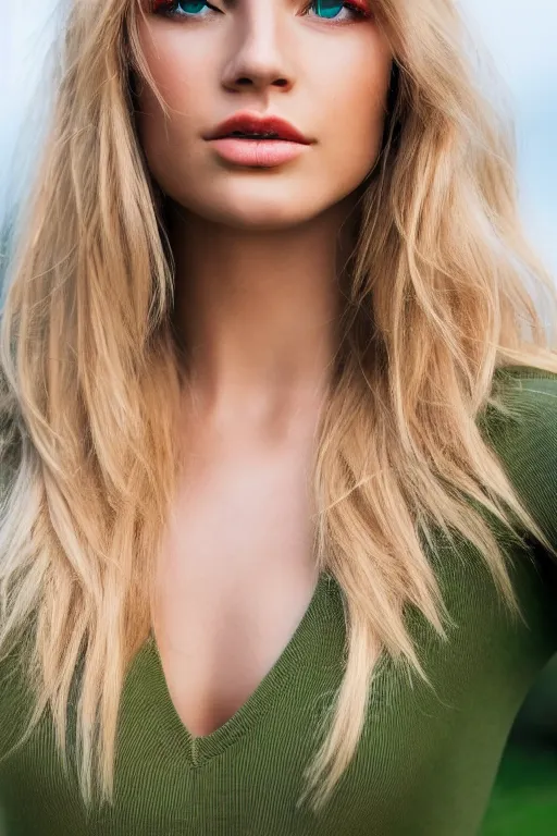 Image similar to olive skinned blonde female model in her twenties, green eyes, wearing a designer top, looking content, focused on her neck, photo realistic, extreme detail skin, natural beauty, no filter, slr, golden hour, 4 k, high definition, selfie