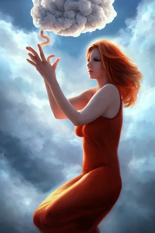 Prompt: a woman) floats in the air surrounded by a hand-shaped cloud of smoke by Artgerm