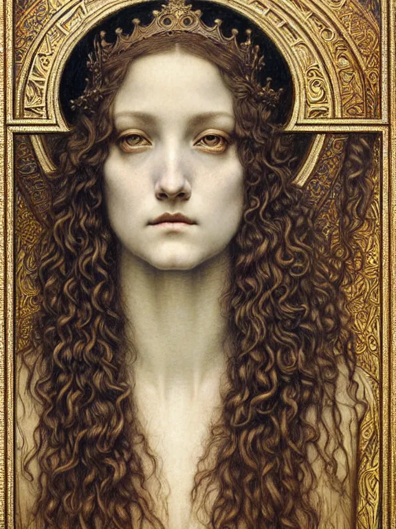 Image similar to detailed realistic beautiful young medieval queen face portrait by jean delville, gustave dore and marco mazzoni, art nouveau, symbolist, visionary, gothic, pre - raphaelite. horizontal symmetry