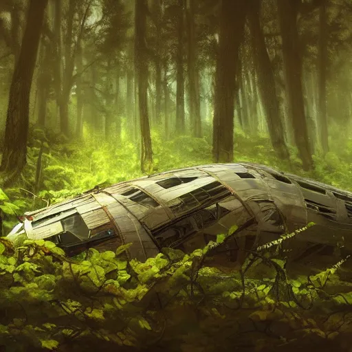 Image similar to a flying vessel wreckage lying down in a thick forest, vines growing on top, 8 k, hyper realism, artstations, concept art, cinematic