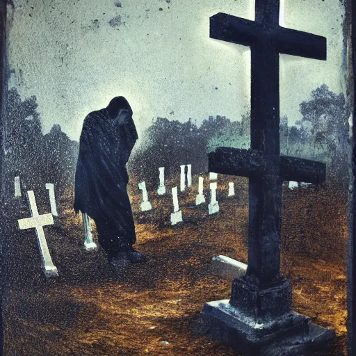 Image similar to one man in a cemetery, with a cross behind him, digging up a dead body, by nicola samori, painting, 8 k, high detail, blue, orange, and dark green tones, high quality, sad feeling, high detail, dark colors, sinister atmosphere, dramatic lighting, cinematic, establishing shot, extremely high detail, photo realistic, cinematic lighting