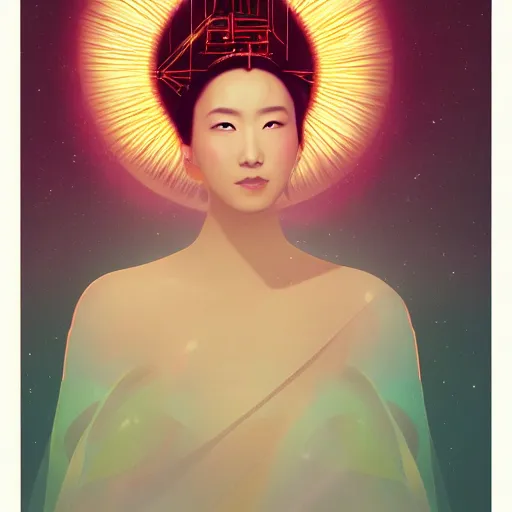 Image similar to a portrait of a very beautiful goddess with halo behind her head, looking in front, in the style of WLOP and Hsiao-Ron Cheng and Ross Tran