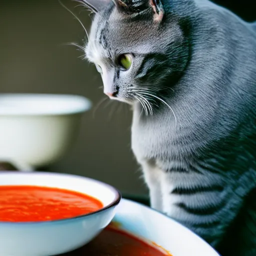 Image similar to a cat sitting on a bowl with tomato soup, professional photography