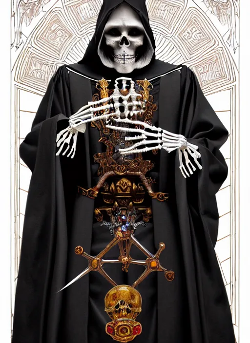 Image similar to undead skeleton king, wearing an academic gown, regal, tarot card, highly detailed, deep focus, elegant, digital painting, smooth, sharp focus, illustration, ultra realistic, 8 k, art by artgerm and alphonse mucha and greg rutkowski