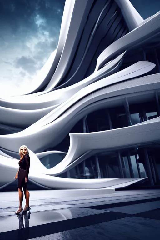 Prompt: a futuristic scene with an log blonde haired woman in a white flowing dress, in front of a zaha hadid building, cinematic matte painting, extreme detail photo quality, dark moody colors, featured on behance