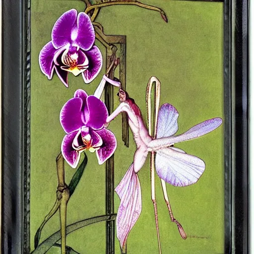 Image similar to orchid mantis by William Morris and Carlos Schwabe