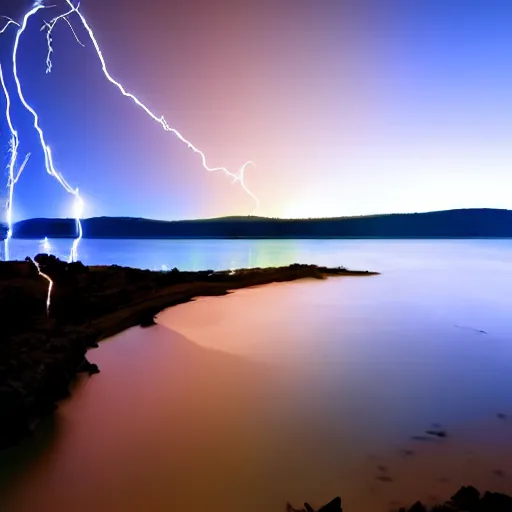 Image similar to A Body Of water, electric blue, electricity, darkness, evening, flash photography, Geological Phenomenon in the distance