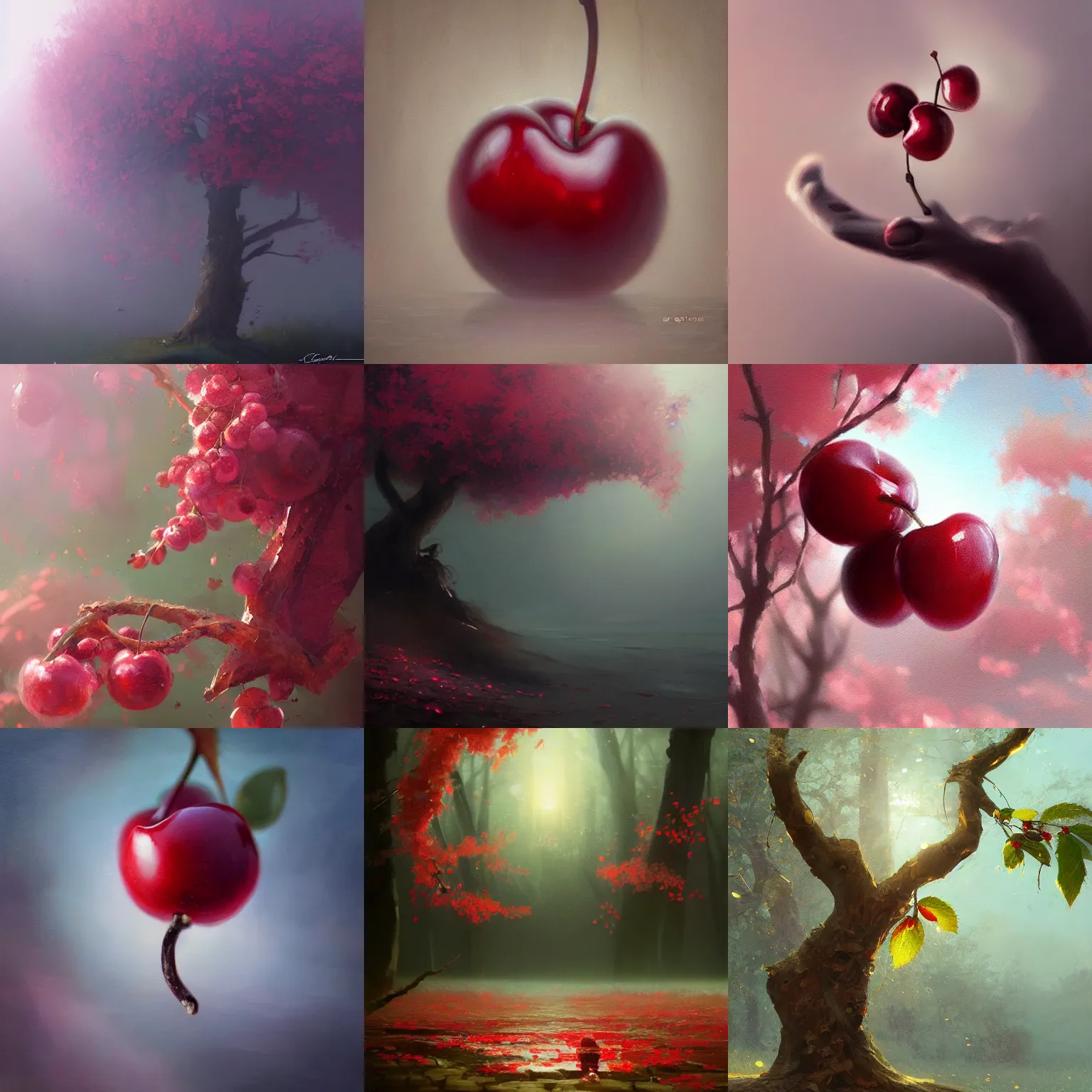 Prompt: beautiful aesthetic inspirational digital oil painting of a close - up cherry, by greg rutkowski, trending on artstation, volumetric light.