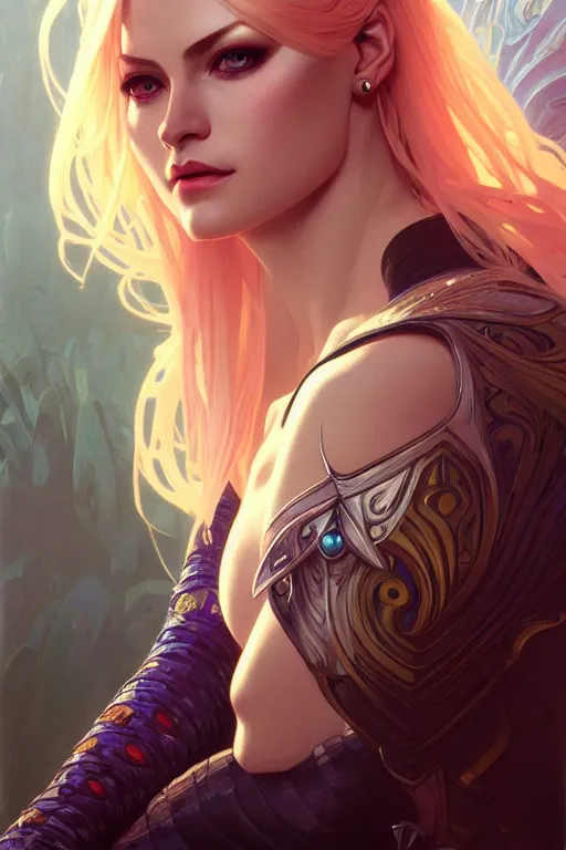 Prompt: a portrait of queen mara sov, fantasy, sharp focus, intricate, elegant, digital painting, artstation, matte, highly detailed, concept art, illustration, ambient lighting, art by ilya kuvshinov, artgerm, alphonse mucha, and greg rutkowski