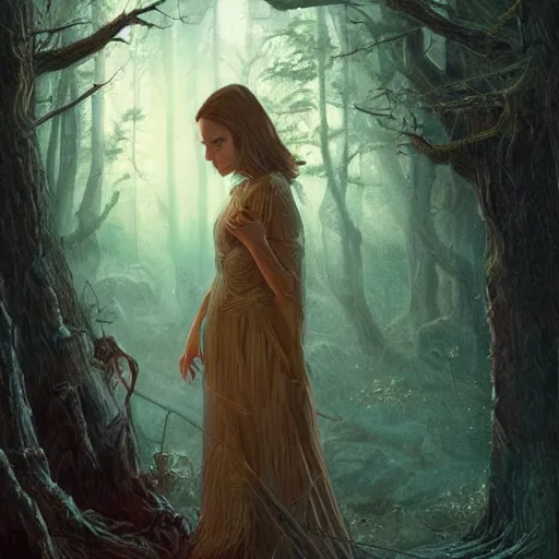 Prompt: Natalie Portman as a beautiful ancient witch in the forest by a fire at night, Darrell K Sweet, artstation, concept art, digital art, Michael Whelan, cinematic, mysterious