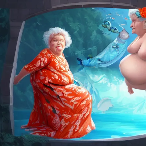 Prompt: of a very beautiful scene. ambient occlusion render. a sweet fat old woman is giving a birth to a huge colorful fish. flowery dress. mirror. symmetrical face, red mouth, blue eyes. deep focus, lovely scene. ambient occlusion render. concept art. unreal engine.