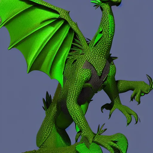 Prompt: a 3 d render of a green feathery male dragon with armwings and a spike at the tip of his tail