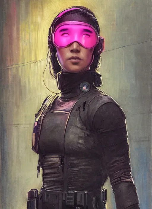 Image similar to Nikki tanaka. beautiful cyberpunk female USN marine wearing a military vest and a pink tactical catsuit (cyberpunk 2077, bladerunner 2049). gorgeous face. Iranian orientalist portrait by john william waterhouse and Edwin Longsden Long and Theodore Ralli and Nasreddine Dinet, oil on canvas. Cinematic, hyper realism, realistic proportions, dramatic lighting, high detail 4k