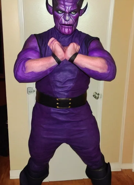 Prompt: high quality portrait photograph of gordon ramsay in cosplay thanos costume, foam, purple face paint, amateur makeup, /r/shittycosplay, /r/cringepics, 3 point lighting, rembrandt triangle