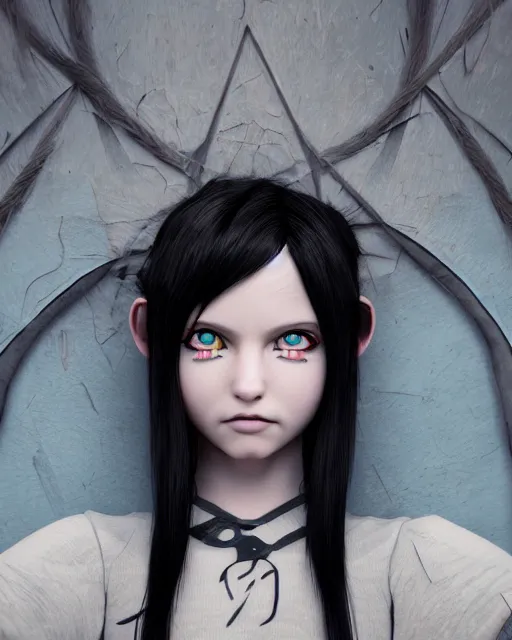 Image similar to teenage witch girl with black hair, blue eyes, sinister smile, octane render 、 unreal engine, behance, james jean