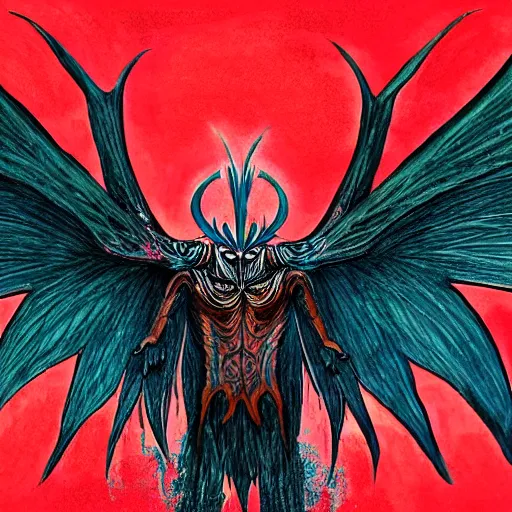 Image similar to 4K headshot of godlike mothman with defined arms and open hands and bloody clothes with giant mandala wings , intricate face , flawless anime cel animation by Kentaro Miura, psychedelic , highly detailed upper body , professionally post-processed , beautiful, scary, symmetry accurate features, epic, octane rendered, anime masterpiece, accurate