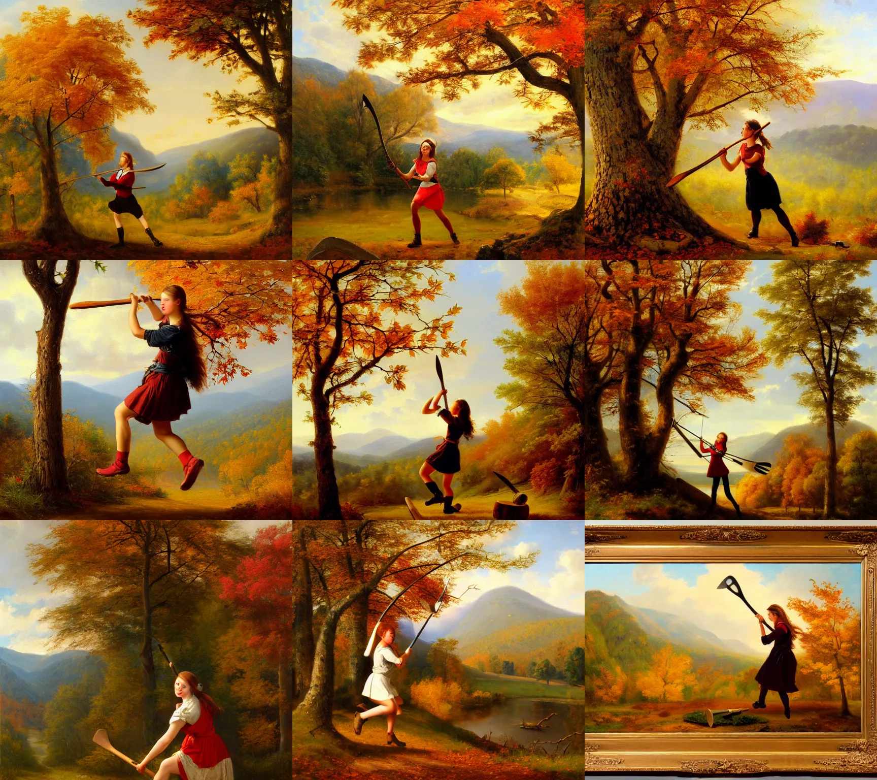 Prompt: landscape portrait of a girl swinging an axe, swinging a robin wood carving axe at a hickory tree, autumn mountains, romantic, original oil on canvas painting by william sydney mount, trending on artstation