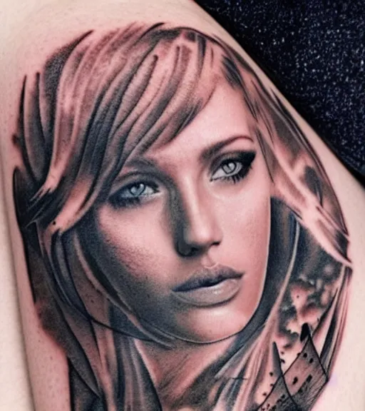 Image similar to realism tattoo sketch of liz katz face double exposure mountain scenery, in the style of matteo pasqualin, amazing detail, sharp, faded