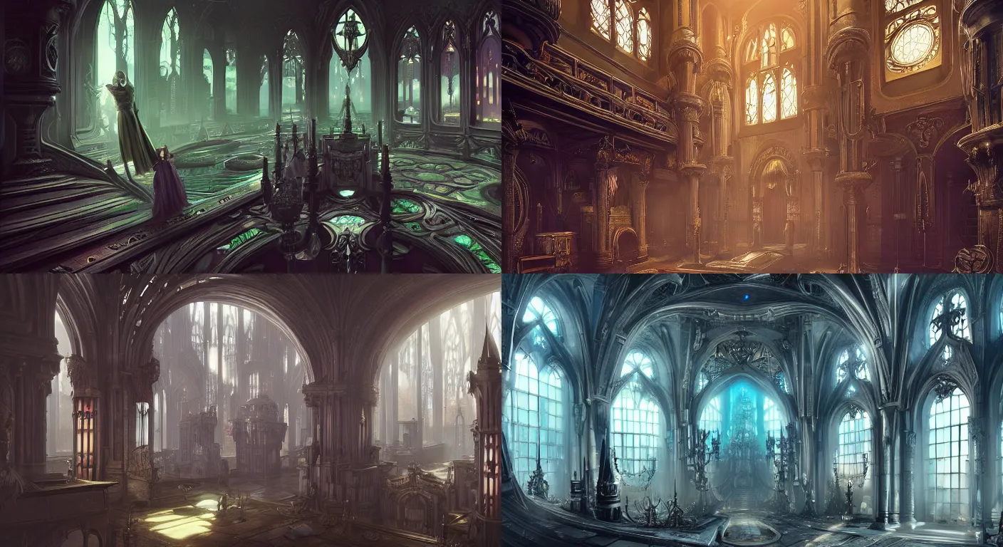 Prompt: magical futuristic gothic interior, style of Anne Stokes, atmospheric, 4k, microdetails, wide perspective, grand composition, cinematic look, concept art, vray, dramatic
