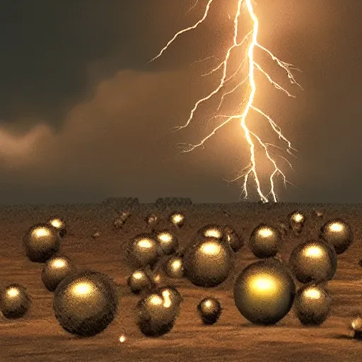 Prompt: army of spheres with lightning on surface