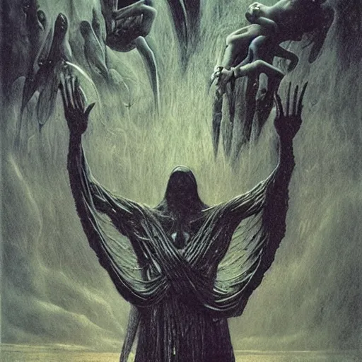 Image similar to ”the storm of god, releasing angels and bloodshed from above”, by h.r Giger, beksinski, and Caravaggio