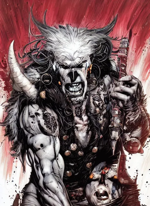Image similar to first issue of lobo comic book cover art by simon bisley and ariel olivetti, au naturel, hyper detailed, digital art, trending in artstation, cinematic lighting, studio quality, smooth render, unreal engine 5 rendered, octane rendered, art style by klimt and nixeu and ian sprigger and wlop and krenz cushart