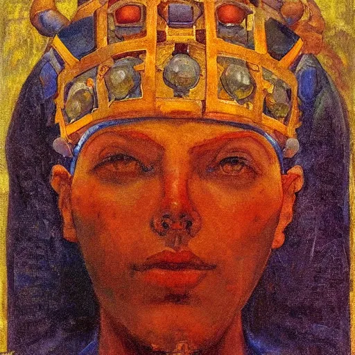 Image similar to the iron crown, by Annie Swynnerton and Nicholas Roerich and Diego Rivera, bioluminescent skin, elaborate costume, geometric ornament, symbolist, rich color, dramatic cinematic lighting, smooth, sharp focus, extremely detailed
