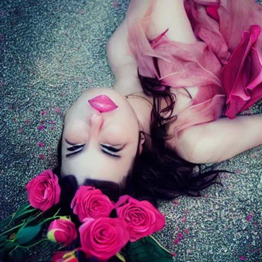 Image similar to fine art photo of the beauty gal gadot, she is on the floor and merging from pink roses, taken by oleg oprisco