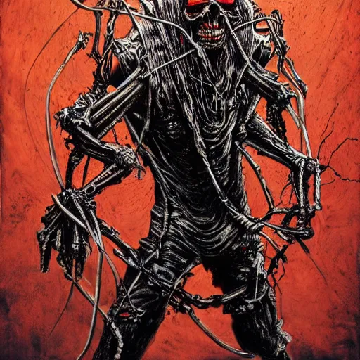 Prompt: demonic cyberpunk ghost rider swinging a barbed wire whip, extremely detailed concept art, terrifying masterpiece, maximalist, full body portrait, black background, horror, by Ralph Steadman, by Giger, by Julie Taymor