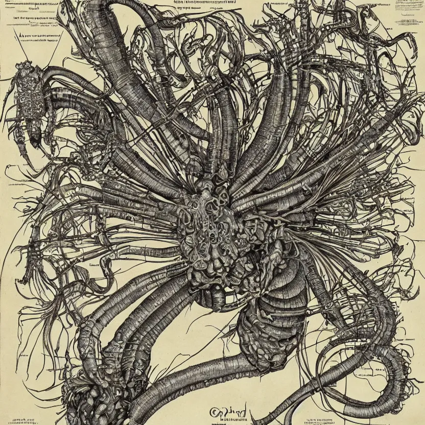 Prompt: detailed map of brain, insect queen, detailed, cartography, calligraphy, fine art, detailed, descriptive, directions, pictographs, in the style of h. r. giger