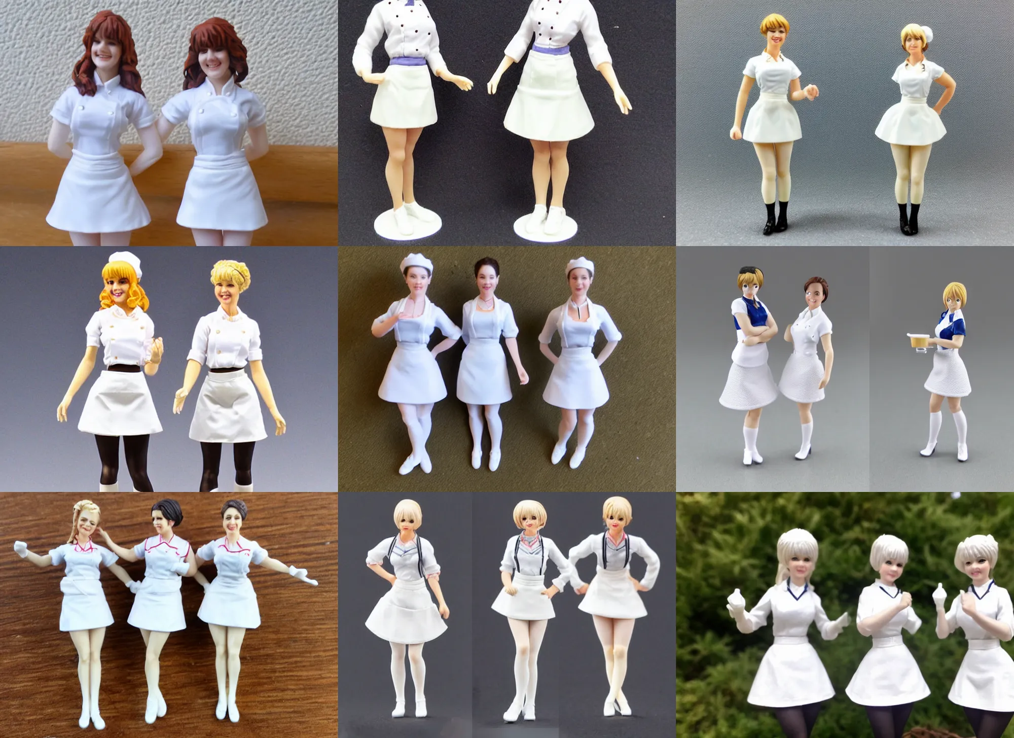 Prompt: 80mm resin detailed miniature of two Waitresses, white blouse, tight mini-skirt, white apron, tights skin, smile, on textured base; store website, eBay, Full body;