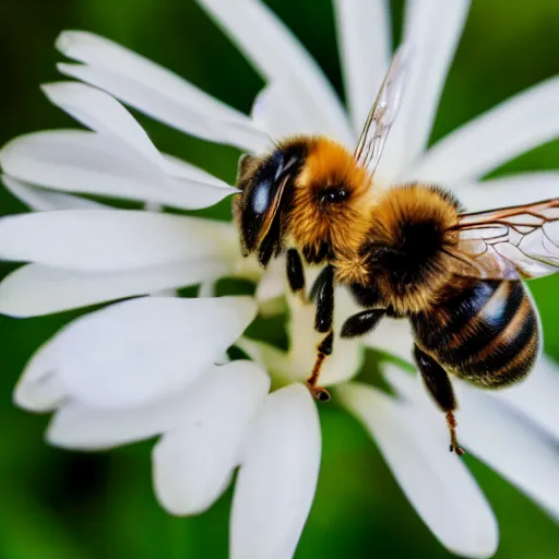 Image similar to a close up of a bee on a flower, a macro photograph by christopher williams, shutterstock contest winner, naturalism, macro photography, photo taken with nikon d 7 5 0, macro lens