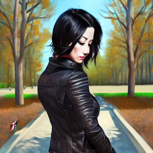 Image similar to woman with black hair and a leather jacket in a beautiful park, art by artgerm