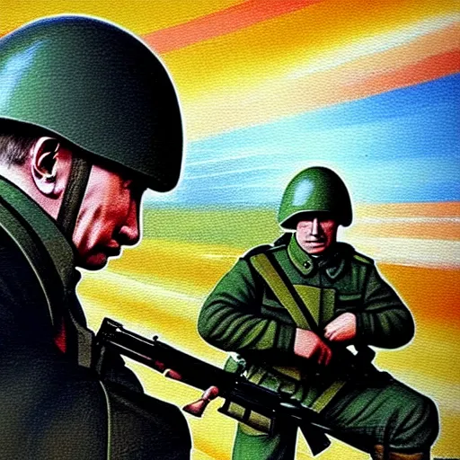 Image similar to Putin is sitting in the trenches and defending himself from Ukrainian troops, Retro futuristic painting style