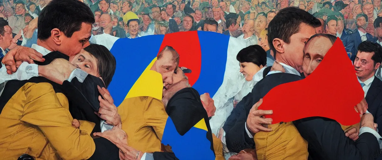Image similar to volodymyr zelensky hugging and kissing vladimir putin, dramatic torn ukraine and russian flag in the backround, hd artstation, igor v babailov, joan baez, dean cornwell, norman rockwell, ilya kuvshinov, j c leyendecker, victo ngai, mc clelland barclay, cinematic, wide angle shot