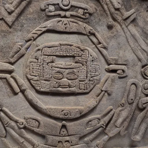 Image similar to decorative stone panel depicting ufo. Mayan artifact by Pacal Votan. 4K high quality museum collection photograph